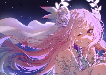 1girl ;o alisans_24 bare_shoulders breasts bridal_veil cyrene_(honkai:_star_rail) cyrene_(ripples_of_past_reverie)_(honkai:_star_rail) dress flower hair_flower hair_ornament halo hashtag-only_commentary honkai:_star_rail honkai_(series) long_hair looking_at_viewer medium_breasts night night_sky one_eye_closed outdoors pink_hair purple_eyes sky solo star_(sky) starry_sky veil very_long_hair white_dress