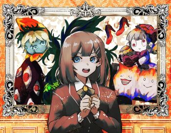 Rule 34 | 1girl, ahoge, blue eyes, border, bow, bowtie, brown coat, brown hair, coat, collared shirt, dream of a black swan, green bow, green bowtie, hair ornament, hairclip, highres, hod (project moon), laetitia (project moon), library of ruina, long sleeves, looking at viewer, nakame77, open mouth, orange border, picture frame, project moon, shirt, simple background, solo, spider bud, the red shoes (project moon), today's shy look, upper body, white shirt