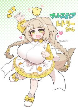 1girl absurdres animal_ears apron baby_animal bird blush bow braid breasts chicken collared_dress commentary_request dog_ears dog_girl dog_tail dress flower footwear_bow forestia_~chiisana_machi_no_bokujou_life~ green_eyes hair_flower hair_ornament heart highres itatiuo2 large_breasts low_twin_braids oppai_loli retory_(forestia) sunflower tail thick_eyebrows twin_braids waving white_apron yellow_dress