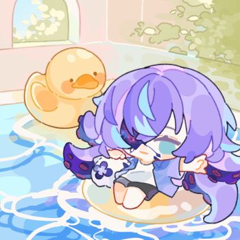 1boy alternate_costume black_shorts blue_hair chibi colored_tips commentary cracked_skin floating full_body galaxy green_eyes highres hollow_body hoshirube_sho innertube jacket looking_at_viewer male_focus multicolored_hair nijisanji open_mouth otomo_(hoshirube_sho) pool purple_hair purple_jacket rubber_duck shirt shorts shuxingbuming_moxiaobai smile solo swim_ring tentacle_hair virtual_youtuber water white_shirt window