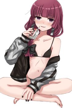 1girl alcohol black_bow black_nails blunt_bangs bocchi_the_rock! bow commentary_request earrings fang fingernails highres hiroi_kikuri jewelry long_hair marumaruru open_mouth purple_eyes solo table