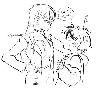 1boy 1girl against_wall assertive_female baby_animal buttons choker collarbone dog earrings glasses hand_on_wall hood hoodie jacket jewelry khee long_hair looking_at_another looking_down monochrome nervous_sweating puppy shizuhara_hiruko short_male signature simple_background size_difference skirt speech_bubble sumino_takumi sweat tall_female the_hundred_line_-last_defense_academy- thought_bubble