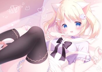 Rule 34 | 1girl, :d, :o, animal ear fluff, animal ears, black bow, blonde hair, blue eyes, blush, bow, cat ears, cat girl, cat tail, commentary request, commission, dress, fang, frills, hair between eyes, hair bow, hair ornament, hairclip, heart, highres, long hair, looking at viewer, lying, open mouth, original, pillow, pleated skirt, puffy short sleeves, puffy sleeves, ribbon, sailor collar, school uniform, serafuku, shirt, short hair, short sleeves, sitting, skeb commission, skirt, smile, solo, tail, thighhighs, twintails, underwear, usami cocoa, white shirt, x hair ornament