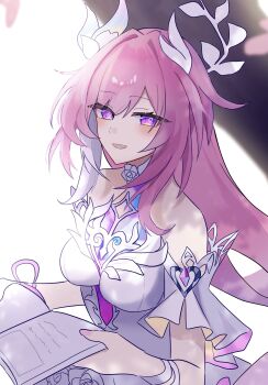 Rule 34 | 1girl, absurdres, bare shoulders, book, breasts, commentary request, cyrene (demiurge) (honkai: star rail), cyrene (honkai: star rail), diamond-shaped pupils, diamond (shape), dress, h2o omizu, highres, holding, holding book, honkai: star rail, honkai (series), large breasts, long hair, looking at viewer, multicolored hair, open book, pink hair, purple eyes, smile, solo, symbol-shaped pupils, two-tone hair, very long hair, white dress, white hair