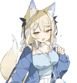 1girl :d animal_ear_fluff animal_ears arm_cutout black_bow blonde_hair blue_camisole blue_cardigan blue_choker blue_hair blue_nails blue_streaks blush bow bowtie breasts camisole cardigan choker cleavage clothing_cutout collarbone colored_inner_animal_ears commentary crossed_bangs dog_ears dog_girl dog_tail dot_nose double-parted_bangs frilled_choker frills fuwawa_abyssgard hair_between_eyes hair_bow hair_intakes hair_ornament hairclip hand_up hashtag-only_commentary heart hololive hololive_english large_breasts long_hair long_sleeves looking_at_viewer multicolored_hair nail_polish narrowed_eyes open_cardigan open_clothes open_mouth overskirt parallel_hairclips pink_eyes pleated_skirt raised_eyebrows shirt_tucked_in sidelocks simple_background single_bare_shoulder single_off_shoulder skirt sleeves_past_wrists smile solo standing streaked_hair tail tntl_nemui two-tone_hair upper_body white_background white_bow white_bowtie white_skirt x_hair_ornament