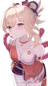 1girl absurdres aimo_wotku arms_behind_back bandaged_arm bandaged_leg bandages blonde_hair breast_tattoo breasts chest_sarashi choker cleavage closed_mouth commentary_request cowboy_shot genshin_impact highres japanese_clothes leaning_forward looking_at_viewer medium_breasts orange_eyes pyro_symbol_(genshin_impact) red_choker sarashi simple_background single_bare_shoulder solo tattoo vision_(genshin_impact) white_background yoimiya_(genshin_impact)