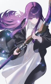 Rule 34 | 1girl, 707arisu, absurdres, black coat, blunt bangs, breasts, closed mouth, coat, commentary, dress, english commentary, fern (sousou no frieren), highres, holding, holding staff, large breasts, looking at viewer, mage staff, purple eyes, purple hair, purple pupils, simple background, solo, sousou no frieren, staff, straight hair, white background, white dress