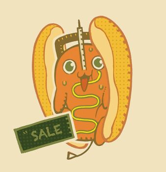 chainsaw chainsaw_man commentary creature creature_focus hot_dog_bun looking_at_viewer no_humans open_mouth pochita_(chainsaw_man) solo sweat symbol-only_commentary tongue tongue_out tuzaixia