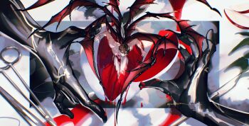 1boy abstract_background apple apple_slice bat_wings belial_(granblue_fantasy) blood blood_on_body brown_hair completely_nude convenient_censoring crawling demon_wings disembodied_hand expressionless food from_above fruit gloves granblue_fantasy hair_between_eyes highres latex latex_gloves lucilius_(granblue_fantasy) male_focus physical_examination messy_hair mini_person miniboy multiple_wings nude red_eyes short_hair signature surreal tools wet wet_hair wings yakikesen