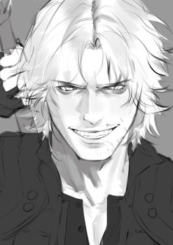 1boy absurdres black_gloves blue_eyes coat dante_(devil_may_cry) devil_may_cry_(series) devil_may_cry_5 du0_n1zh fingerless_gloves gloves hashtag-only_commentary highres holding holding_weapon jacket looking_at_viewer male_focus rebellion_(sword) red_coat shirt simple_background smile solo weapon white_hair