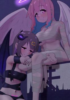 2girls absurdres alternate_costume angel_and_devil angel_wings bandaged_arm bandaged_chest bandaged_leg bandages barefoot black_hair blue_hair blush breasts commentary demon_costume demon_wings feet hair_down hair_ornament hairclip half-closed_eyes halloween halloween_costume halo happyundergate highres horns hozuki_kaede large_breasts long_hair looking_at_viewer medium_breasts multiple_girls mummy_costume naked_bandage navel onii-chan_wa_oshimai! oyama_mihari parted_lips pink_eyes pink_hair pubic_tattoo purple_hair sitting smile tattoo toes underboob wings