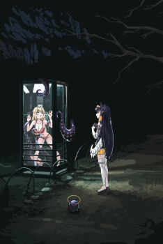 2girls absurdres against_glass blonde_hair blue_eyes blunt_bangs blush bra breasts cheek_squash cleavage feathered_wings gradient_hair gurumie halo highres hololive hololive_english long_hair low_wings medium_breasts mole mole_on_breast multicolored_hair multiple_girls navel necktie night ninomae_ina'nis ninomae_ina'nis_(1st_costume) orange_hair panties phone_booth platform_clogs pointy_ears purple_hair saliva screen_light sidelocks single_thighhigh slimy straight_hair takodachi_(ninomae_ina'nis) tentacle_grab tentacle_hair tentacles tentacles_under_clothes thighhighs tree underwear vending_machine very_long_hair virtual_youtuber watson_amelia white_wings wings