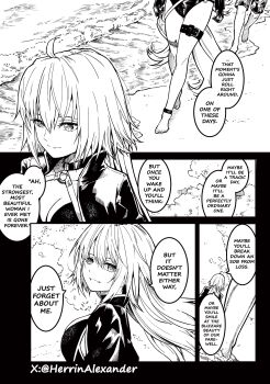 1boy 1girl absurdres ahoge alexander_herrington barefoot beach bikini breasts cleavage closed_mouth cloud commentary cropped_jacket english_commentary english_text fate/grand_order fate_(series) fujimaru_ritsuka_(male) fujimaru_ritsuka_(male)_(tropical_summer) gloves greyscale highres jacket jeanne_d'arc_alter_(fate) jeanne_d'arc_alter_(swimsuit_berserker)_(fate) large_breasts long_hair long_sleeves looking_at_viewer monochrome open_mouth outdoors sand smile speech_bubble swimsuit toes twitter_username very_long_hair water