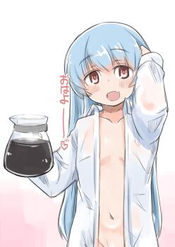 1girl alternate_costume blue_hair coffee_pot collarbone collared_shirt commentary_request dress_shirt enjaku_izuku fang flat_chest hair_down highres holding kantai_collection long_hair navel no_panties open_clothes open_shirt out-of-frame_censoring red_eyes samuel_b._roberts_(kancolle) shirt skin_fang solo