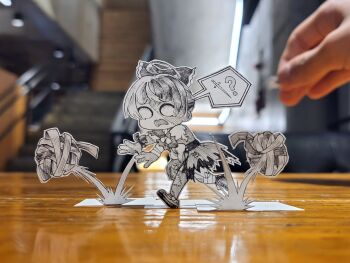 1girl ? ahoge alternate_hair_length alternate_hairstyle bouncing bow commentary dress english_commentary gloves hair_bow highres hololive hololive_indonesia jqhnharqld kureiji_ollie motion_lines o_o open_mouth paper_cutout_(medium) papercraft_(medium) patchwork_clothes severed_hair shoes short_hair stitches unconventional_media virtual_youtuber zombie