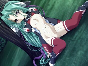 1girl aftersex antenna_hair aqua_hair bdsm belt belt_collar black_belt black_boots boots breasts censored collar cum cum_on_body cum_on_breasts cum_on_upper_body curtained_hair dutch_angle full_body game_asset hair_ribbon half-closed_eyes head_tilt loli long_hair long_sleeves low-tied_long_hair machine_maiden_next mosaic_censoring nakajima_konta navel night nipples non-web_source nude official_art outdoors parted_lips puffy_long_sleeves puffy_sleeves purple_eyes purple_ribbon pussy red_thighhighs rena_(machine_maiden) ribbon robot_ears self-datamine sex sitting slave small_breasts solo tareme thighhighs torogao tree very_long_hair visual_novel_cg wide_sleeves