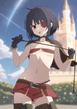 1girl absurdres bandeau belt_collar black_cape black_gloves boots breasts cape castle collar commentary_request cowboy_shot day eyepatch gloves highres holding holding_whip horizon huge_filesize kono_subarashii_sekai_ni_shukufuku_wo! loli looking_at_viewer megumin navel o-ring_bandeau official_alternate_costume outdoors red_bandeau red_eyes red_shorts short_hair shorts small_breasts solo takabayashi4129 thigh_boots tongue tongue_out whip