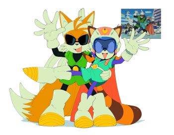 Rule 34 | 1boy, 1girl, animal ears, cosplay, disasterofartis, dragon ball, dragonball z, gloves, great saiyaman, great saiyaman (cosplay), great saiyaman 2, great saiyaman 2 (cosplay), hand on another's waist, headband, highres, leg up, looking at viewer, marine the raccoon, multiple tails, open mouth, scene reference, sega, smile, son gohan, sonic (series), sunglasses, superhero costume, tail, tails (sonic), videl, waving