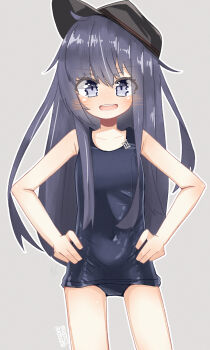 1girl akatsuki_(kancolle) anchor_symbol badge blue_one-piece_swimsuit blush collarbone covered_navel flat_cap gradient_background grey_background hands_on_own_hips hat highres kantai_collection long_hair looking_at_viewer mf_u_c one-piece_swimsuit open_mouth purple_eyes purple_hair school_swimsuit smile swimsuit