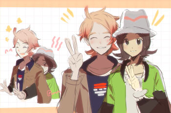 1boy 1girl blonde_hair blue_shirt brown_eyes brown_hair brown_jacket closed_eyes commentary english_commentary gradient_hair green_jacket harmony_(pokemon) hat highres hug hug_from_behind jacket looking_at_viewer mega_ring multicolored_hair nintendo nmlm_16 open_clothes open_jacket open_mouth pink_hair poke_ball_print pokemon pokemon_legends:_z-a print_shirt shirt sidelocks smile striped_hat teeth two-tone_hair urbain_(pokemon) v white_hat