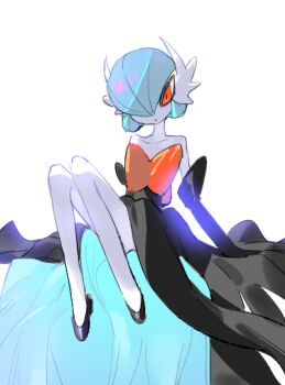 alternate_color black_dress black_gloves blue_hair bob_cut colored_skin commentary dress elbow_gloves gardevoir gen_3_pokemon gloves hair_over_one_eye mega_gardevoir mega_pokemon nintendo orange_eyes pokemon pokemon_(creature) raine_(acke2445) shiny_pokemon simple_background sitting symbol-only_commentary white_background white_skin