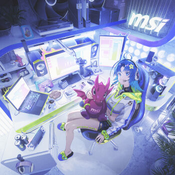 1girl absurdres antenna_hair blonde_hair blue_eyes breasts can chair clock computer computer_keyboard computer_mouse controller cropped_hoodie digital_clock drink_can game_controller gaming_chair headset highres hood hoodie laptop leg_tattoo looking_at_viewer medium_breasts medium_hair micro_star_international microphone midriff monitor original reoen shorts sitting smile soda_can solo stuffed_animal stuffed_dragon stuffed_toy swivel_chair tattoo