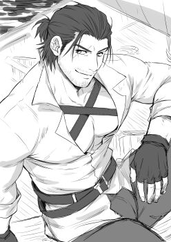 1boy absurdres adventurer_(ff14) bara beard_stubble boat chest_harness facial_hair feet_out_of_frame from_above greyscale hair_slicked_back harness highres large_pectorals looking_at_viewer male_focus mature_male medium_hair monochrome muscular muscular_male mustache_stubble pectoral_cleavage pectorals scar scar_across_eye scar_on_face seductive_smile smile solo stubble thick_eyebrows v-shaped_eyebrows warrior_of_light_(ff14) watercraft yomotsuki_road