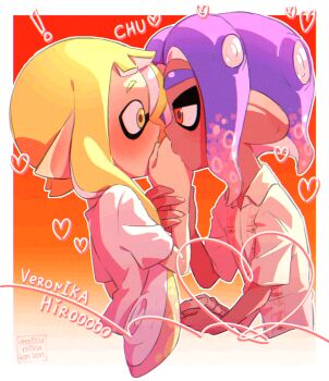 ! 1boy 1girl ariamikukanzaki blonde_hair blue_hair blush character_name commentary_request dark-skinned_male dark_skin heart heart_of_string hetero hirooooo_(splatoon) holding_hands inkling kiss kissing_hand nintendo pointy_ears red_eyes signature splatoon_(series) splatoon_3 tentacle_hair veronika_(splatoon) yellow_eyes