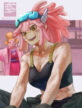 1girl absurdres bare_shoulders black_tank_top boku_no_hero_academia breasts brown_gloves cleavage clothes_around_waist commentary crosshair_pupils dirty gloves goggles goggles_on_head hair_between_eyes hatsume_mei highres large_breasts letterboxed long_hair open_mouth outside_border pink_background pink_hair ponytail sitting sleeveless smile symbol-shaped_pupils tank_top teeth twitter_username yellow_eyes yomoyama_yotabanashi