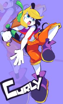 1girl 2023 absurdres android bare_legs bare_shoulders blonde_hair blue_eyes character_name clenched_hand colored_skin crop_top curly_brace doukutsu_monogatari female_focus full_body gun headphones highres holding holding_gun holding_weapon long_hair looking_ahead mechanical_arms midriff navel open_mouth orange_pants pants purple_background purple_shoes red_shirt shammah shirt shoes solo upper_body weapon white_skin yellow_trim zoom_layer