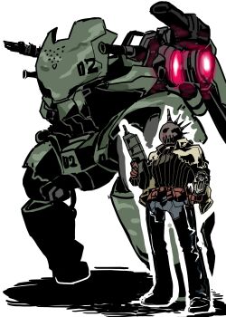 1boy belt capcom commentary_request gtf-11 gun helmet highres holding holding_gun holding_weapon jacket lost_planet machine_gun mecha mechanical_wings robot science_fiction shoulder_cannon sido_(slipknot) vagabundo walker_(robot) weapon wings