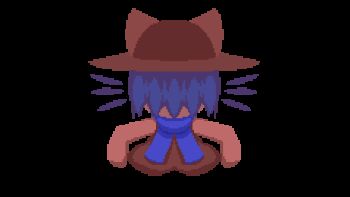 1other :3 animal_ears animal_hat animated animated_gif avolicis blue_hair blue_scarf bouncing brown_coat brown_hat cat cat_ears cat_hat chibi closed_mouth coat commentary english_commentary full_body fumo_(doll) hat highres long_sleeves niko_(oneshot) oneshot_(game) other_focus overcoat pixel_art scarf sleeves_past_wrists smile solo spinning transparent_background whiskers yellow_eyes