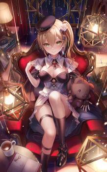 absurdres beret black_bow black_footwear black_headwear black_socks blonde_hair book bow breasts brooch case chair cleavage closed_mouth collar cup dated_commentary desk_lamp dress earrings fingerless_gloves flower footwear_bow framed_breasts from_above gem gloves green_eyes hair_flower hair_ornament hair_ribbon hanging_light hat highres indoors jewelry key kurumi_noah lamp large_breasts light_bulb night on_chair red_gemstone ribbon ring rose side_ponytail single_earring single_fingerless_glove sitting smile socks stuffed_animal stuffed_toy teddy_bear thigh_strap tile_floor tiles virtual_youtuber vspo! white_collar white_dress white_flower white_rose window yahiro_(heartseek000)