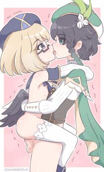 1boy 1girl arms_around_neck artist_name beret black_hair black_wings blonde_hair blue_eyes blue_hat bottomless braid brown_corset cape censored clothed_male_nude_female collar commission completely_nude corset detached_collar detached_sleeves fanbox_username flat_chest french_kiss from_side genshin_impact glasses gradient_hair green_cape green_eyes green_hair green_hat hat hetero hug kiss loli long_sleeves looking_at_another medium_hair mosaic_censoring multicolored_hair nipples nude oc_x_canon original penis pink_background sex shiny_skin standing standing_sex testicles thighhighs tongue tongue_out two-tone_hair vaginal variant_set venti_(genshin_impact) white_background white_thighhighs white_wings wings zz_(user_hvth7832)