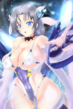 1girl action_taimanin blue_eyes blush bow breasts cosplay crossover cryokinesis gloves grey_hair hair_bow huge_breasts impossible_clothes impossible_leotard inverted_nipples leg_armor leotard leotard_tug looking_at_viewer micro_bra nipples onisaki_kirara onisaki_kirara_(cosplay) onizaki_kirara power_connection reverse_upright_straddle senran_kagura senran_kagura_estival_versus senran_kagura_new_link senran_kagura_shinovi_versus sex sex_from_behind short_hair solo striped_bow taimanin_(series) taimanin_asagi_kessen_arena taimanin_rpgx taimanin_suit thighhighs thighs trait_connection utqeq3nplqycu3x white_bow yumi_(senran_kagura)