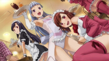3girls aoba_tsugumi armpits cosplay enhanced kannagi maid multiple_girls nagi naruko_hanaharu official_art siblings sisters tray waitress zange