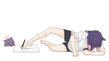 1girl arm_support barefoot between_toes black_shorts commentary cookie drawing_(action) feet food full_body gradient_hair hair_flaps halo holding_with_feet hololive hololive_english long_hair lying motion_lines multicolored_hair ninomae_ina'nis ninomae_ina'nis_(loungewear) on_floor on_side orange_hair paper pencil pencil_skirt purple_hair shadow shirt short_shorts short_sleeves shorts simple_background skirt solo stress sweat t-shirt takodachi_(ninomae_ina'nis) tentacle_hair thighs trembling untranslatable_commentary veins virtual_youtuber white_background white_shirt yuuyu_(777)