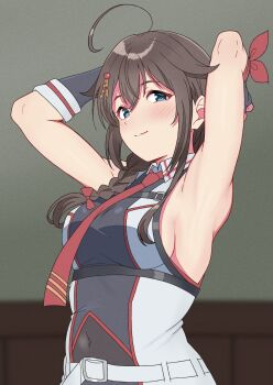 1girl absurdres ahoge armpit_focus armpits arms_up black_shirt blue_eyes breasts brown_hair closed_mouth collared_shirt commentary_request commission covered_navel grey_shirt hair_flaps highres kantai_collection looking_at_viewer medium_breasts nanafumi_(nanafumino) necktie presenting_own_armpit red_necktie shigure_(kancolle) shigure_kai_san_(kancolle) shirt sideboob skeb_commission smile solo two-tone_shirt