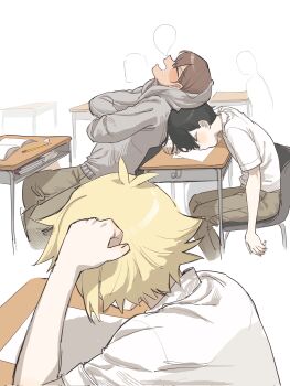 3boys alternate_costume antenna_hair basil_(faraway)_(omori) basil_(omori) black_hair blonde_hair brown_hair brown_pants chair closed_eyes collared_shirt crossed_arms dark-skinned_male dark_skin desk eraser grey_hoodie highres hood hood_down hoodie iomor_snuuy kel_(faraway)_(omori) kel_(omori) long_sleeves male_focus multiple_boys omori pants paper pencil school_chair school_desk shirt short_sleeves sitting sleeping sunny_(omori) white_shirt
