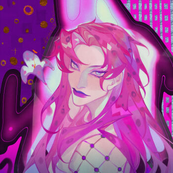 1boy absurdres aranloce blue_eyes commentary_request diavolo eyeshadow fishnet_top fishnets flower highres jojo_no_kimyou_na_bouken lily_(flower) long_hair looking_at_viewer makeup male_focus parted_bangs pink_hair purple_eyeshadow purple_lips solo spotted_hair vento_aureo white_flower