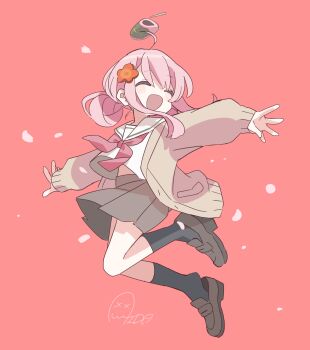 1girl :d ^_^ ahoge aida_(aidia) black_socks blush_stickers brown_cardigan brown_shoes cardigan closed_eyes commentary_request dot_nose food full_body grey_skirt highres long_hair long_sleeves mochi neckerchief open_cardigan open_clothes open_mouth original outstretched_arms pink_background pink_hair pink_neckerchief pleated_skirt sailor_collar sakura_mochi school_uniform serafuku shoes sidelocks simple_background skirt smile socks solo spread_arms wagashi white_sailor_collar