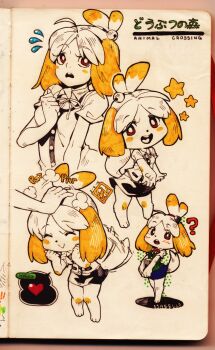 2girls :&gt; ? animal_crossing animal_ears bell black_shorts blonde_hair blue_skirt blush breasts bright_pupils character_name closed_eyes closed_mouth collared_shirt copyright_name dog_ears dog_girl dog_tail dot_nose english_text full_body furry furry_female green_shirt hand_up hands_up headpat heart highres holding isabelle_(animal_crossing) jingle_bell looking_at_viewer medium_hair multiple_girls neck_ribbon nintendo open_mouth poch4n red_eyes red_ribbon ribbon shirt short_sleeves shorts skirt small_breasts speech_bubble spoken_heart spot_color tail tail_raised tail_wagging teeth traditional_media upper_body upper_teeth_only white_pupils