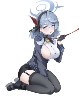 1girl absurdres ako_(blue_archive) bell black_gloves black_hairband black_shoes black_skirt black_thighhighs blue_archive blue_eyes blue_hair blue_halo blue_shirt blush breasts commentary_request crossed_bangs crying garter_straps gloves hair_between_eyes hairband halo highres large_breasts leash looking_to_the_side medium_hair neck_bell open_mouth shirt shoes sideboob sideless_shirt sitting skirt solo thighhighs thighs white_shirt xiaoxiaoyifan