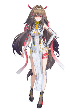 Rule 34 | 1girl, absurdres, animal ear fluff, animal ears, armlet, bare shoulders, black shoes, bracelet, breasts, brown hair, brown tail, china dress, chinese clothes, closed mouth, clover, clover hair ornament, commentary request, dress, droopy ears, full body, hair ornament, hairband, hand on own hip, highres, jewelry, kabuto tong, leg tattoo, long hair, looking at viewer, medium breasts, metal bracelet, pelvic curtain, red eyes, shoes, silver armlet, silver bracelet, simple background, smile, solo, tail, tattoo, very long hair, white background, white dress, white hairband, ye shunguang, zenless zone zero