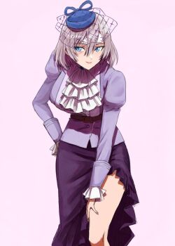 Rule 34 | 1girl, blue eyes, breasts, dress, gridman universe, hand on own thigh, hat, highres, large breasts, long sleeves, looking at viewer, mujina, purple dress, purple shirt, risyo, shirt, short hair, smile, solo, ssss.dynazenon, thighs