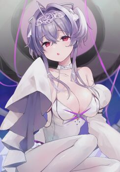 1girl :o ahoge bare_shoulders breasts cleavage collarbone commentary_request detached_sleeves feet_out_of_frame goddess_of_victory:_nikke grey_hair gucchiann hair_between_eyes hair_intakes highres juliet_sleeves leotard liberalio_(nikke) long_hair long_sleeves looking_at_viewer medium_breasts pantyhose parted_lips puffy_sleeves red_eyes sleeves_past_fingers sleeves_past_wrists solo two_side_up white_leotard white_pantyhose white_sleeves