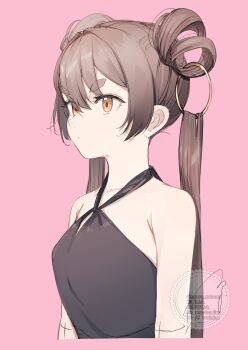 1girl absurdres bare_shoulders black_dress breasts brown_eyes brown_hair closed_mouth collarbone commentary_request criss-cross_halter double_bun dress from_side frown hair_between_eyes hair_bun hair_rings halterneck highres long_hair ogura_tubuan original pink_background sleeveless sleeveless_dress small_breasts solo thick_eyebrows