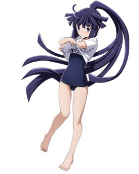Rule 34 | 1girl, akatsuki (log horizon), barefoot, blue one-piece swimsuit, blush, character name, clothes lift, covered navel, embarrassed, feet, female focus, floating hair, full body, high ponytail, log horizon, log horizon new adventure land, long hair, looking at viewer, official art, one-piece swimsuit, ponytail, purple eyes, purple hair, school swimsuit, shirt lift, short sleeves, solo, swimsuit, transparent background, very long hair