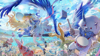 1girl beamed_eighth_notes black_gloves blonde_hair blue_sky book closed_mouth commentary_request cuddle_wuddle_(wuthering_waves) day diggy_duggy_(wuthering_waves) floating_hair gloves hand_up hat highres hitokoto hocus_pocus_(wuthering_waves) long_hair looking_at_viewer looking_back lottie_lost_(wuthering_waves) musical_note open_book outdoors pantyhose phoebe_(wuthering_waves) purple_eyes riding shirt skirt sky smile tacet_discord_(wuthering_waves) very_long_hair white_hat white_pantyhose white_shirt white_skirt wind wuthering_waves