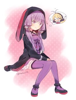1girl ^_^ animal_hood antenna_hair black_jacket black_shoes blush breasts closed_eyes criss-cross_halter dress halterneck hood hood_up hooded_jacket jacket long_sleeves natsumi_(natumi06) open_mouth purple_dress purple_eyes purple_hair purple_thighhighs rabbit_hood shoes short_hair_with_long_locks simple_background sitting small_breasts smile thighhighs thinking translation_request tsurumaki_maki twitter_username vocaloid voiceroid yuzuki_yukari